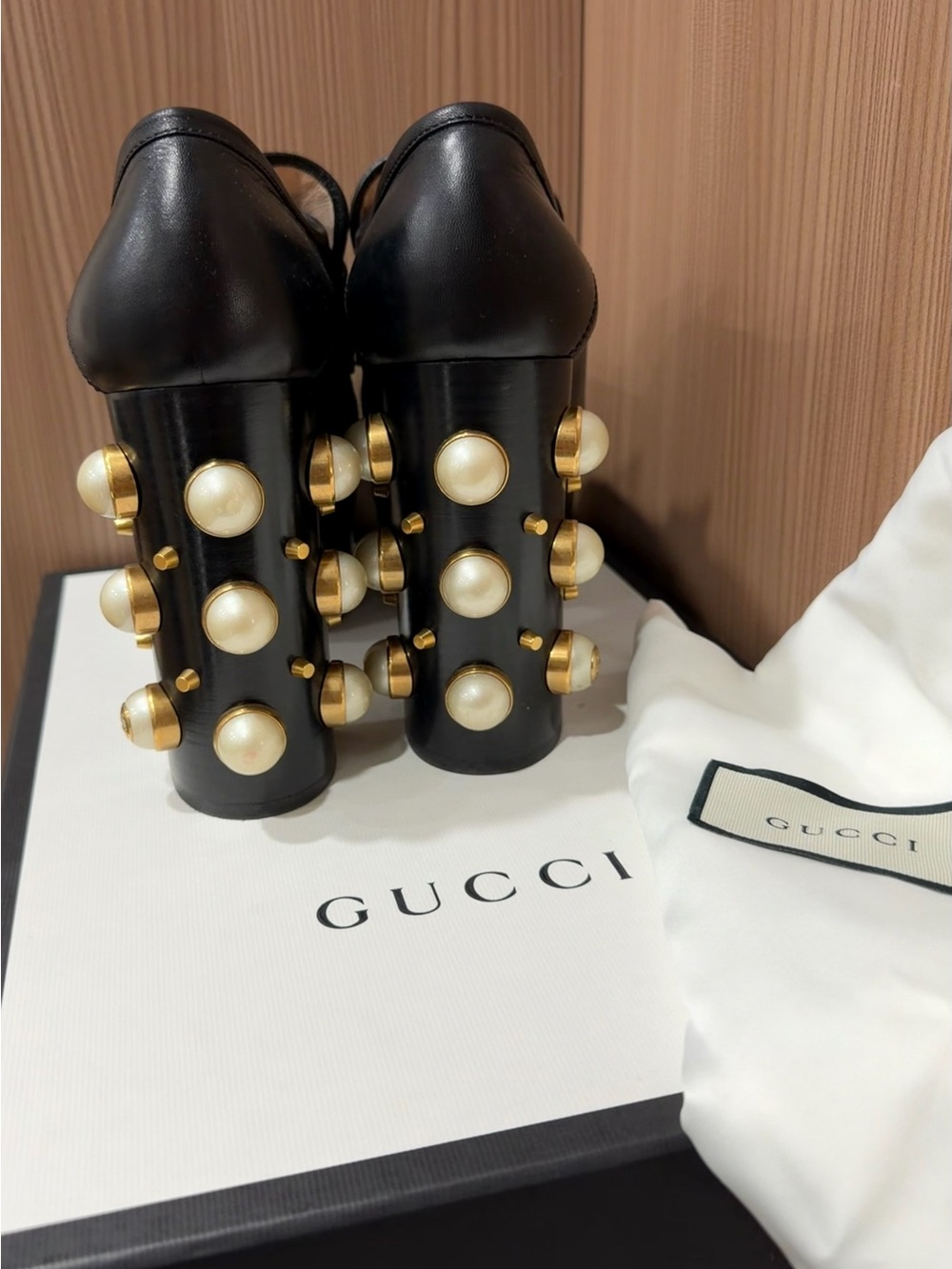 Gucci Marmont Horsebit Pearl Heel Platform Loafers Pumps Black Leather 38 - Picture 2 of 5